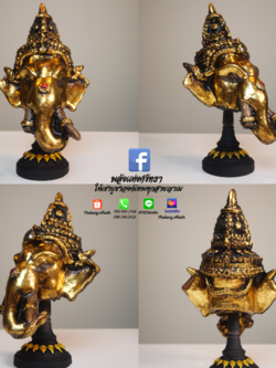 เศียรพระพิฆเนศ ขนาดกำปั้น พระพิฆเนศ สีทองประดับพลอย พร้อมฐานตั้งวางสีดำทอง