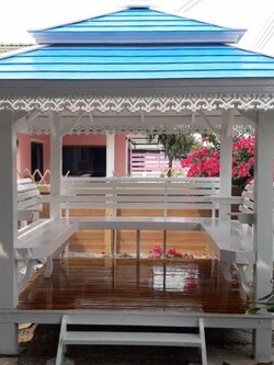 ( รหัส B4 ) ศาลา ไม้สัก อโยธยา หลังคาสีฟ้า หรือเลือกสีได้ / ขนาด 2.00x2.00x3.00 เมตร
