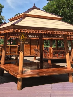 (รหัส D1-G) ศาลา ไม้สัก แหย่งเสากลมเอียง สีเงา คาขาว2ชั้น ไม่มีพิง /ขนาด 2.30x2.30x3.00 เมตร