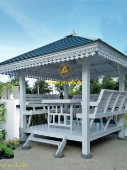 ( รหัส B5-โต๊ะ ) ศาลา ไม้สัก สีขาว คาน้ำเงินชั้นเดียว หลังนิว ขาโต๊ะตาราง / ขนาด 2.00x2.00x3.00 เมตร