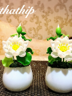 แจกันดอกบัว - ดอกบัวประดิษฐ์ - แจกันดอกบัวหลวง (ข้างละ 1 ดอก) ประดิษฐ์จากดิน - แจกันดอกบัวประดิษฐ์ - Lotus Flower