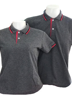 เสื้อโปโลสีเทาเข้ม ปกมีลายเส้นสีแดง ราคาส่ง 3 ตัวขึ้นไป