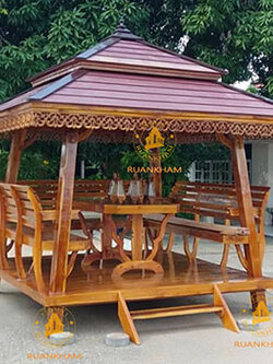 ( รหัส E1-เงา ) ศาลาไม้สัก เสาเหลี่ยมเอียง สีเงา คาตาล / นาด 2.30x2.30x3.00 เมตร