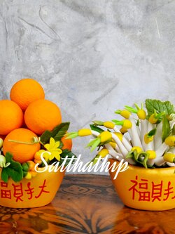 ชุดกระถางก้อนทองส้มและถั่วงอก ผสมฟักเงินทองประดิษฐ์จากดิน