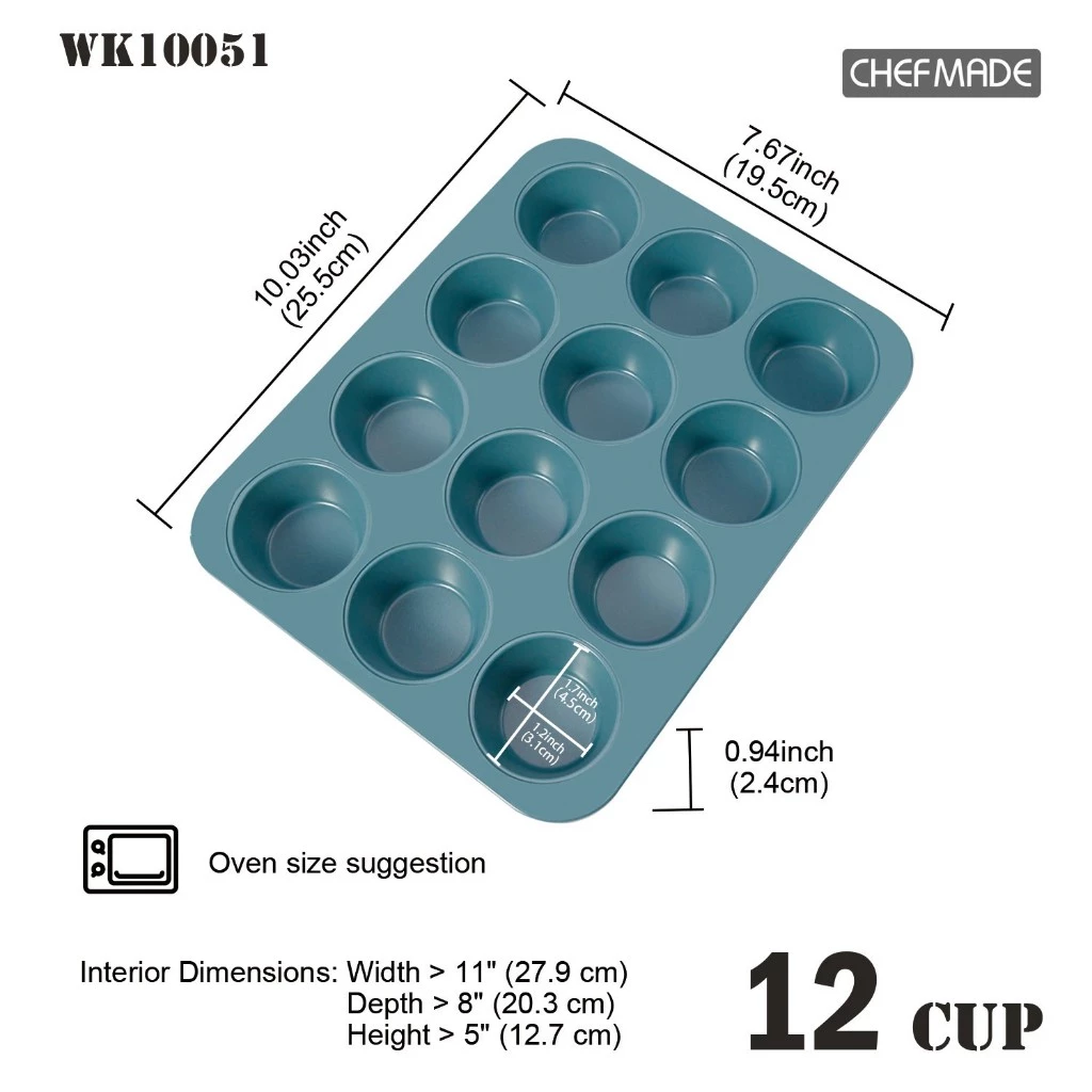 Chefmade WK10051- 12-Cup Non Stick Muffin Pan 255 x 195 x 24 mm.(Green) (11-8198)
